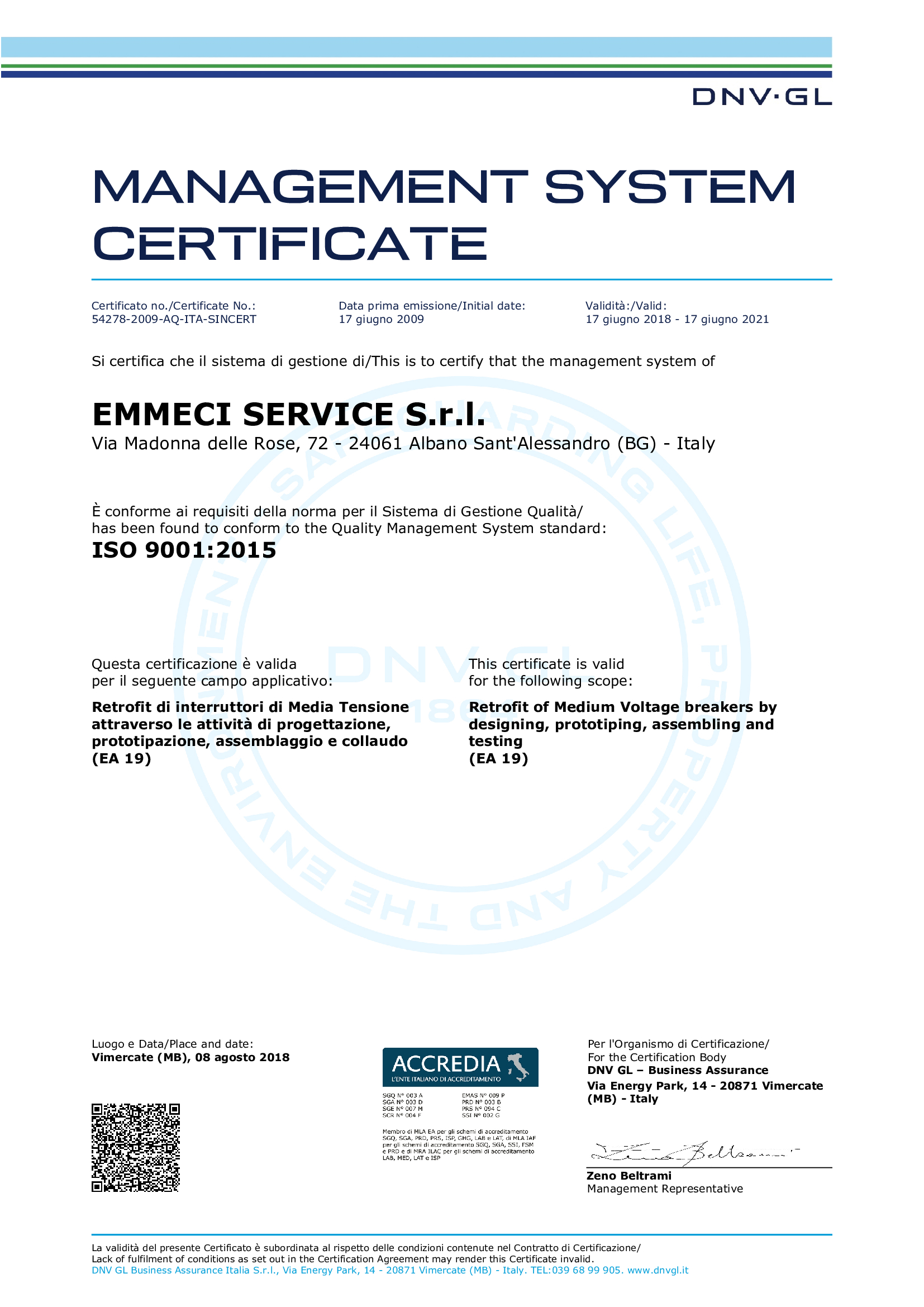 Certificato ISO 9001:2015 di Emmeci Service